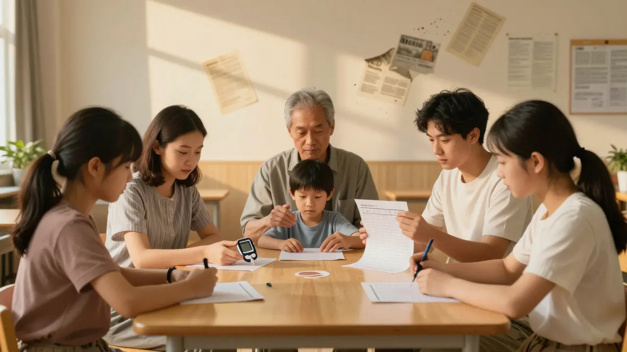 Patients demonstrate health skills together, lit by warm light, as old paper materials fade into the background.