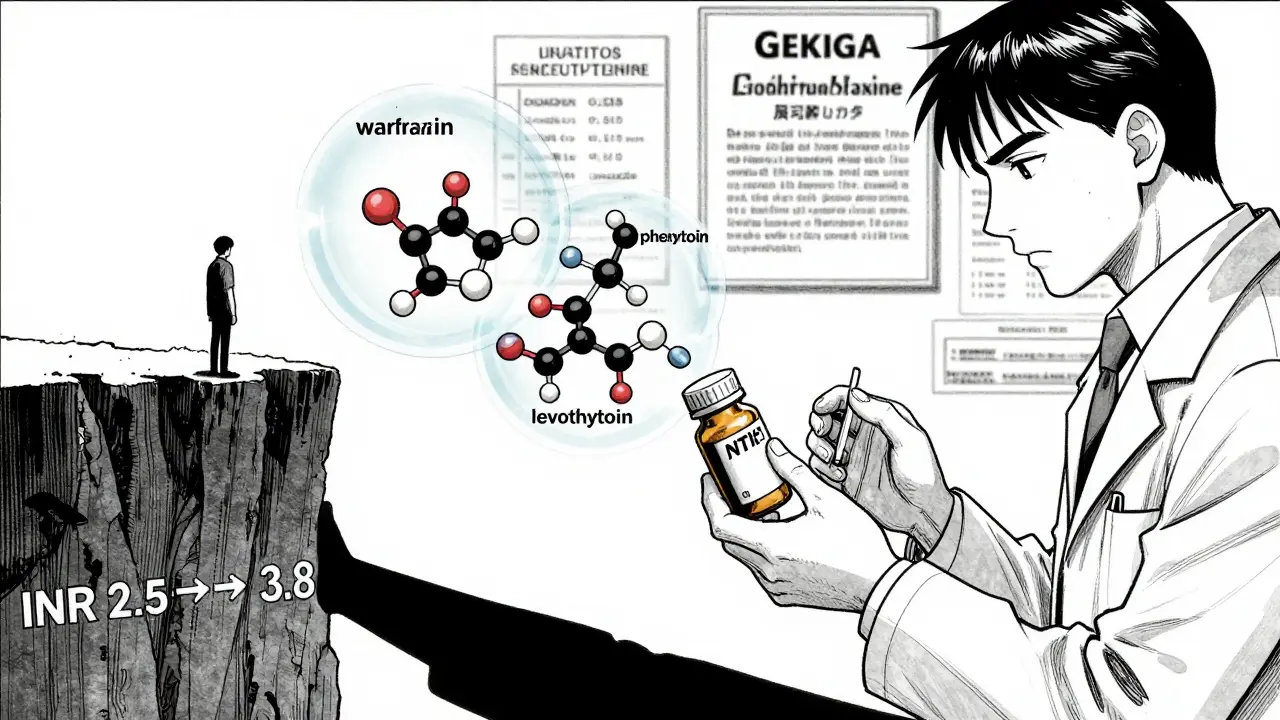 Pharmacist giving generic NTI medication, with molecular overlays and danger zone shadow.