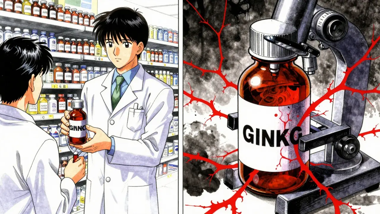 Split scene: cheap ginkgo supplement at gas station versus microscopic view of dangerous blood-thinning effects.