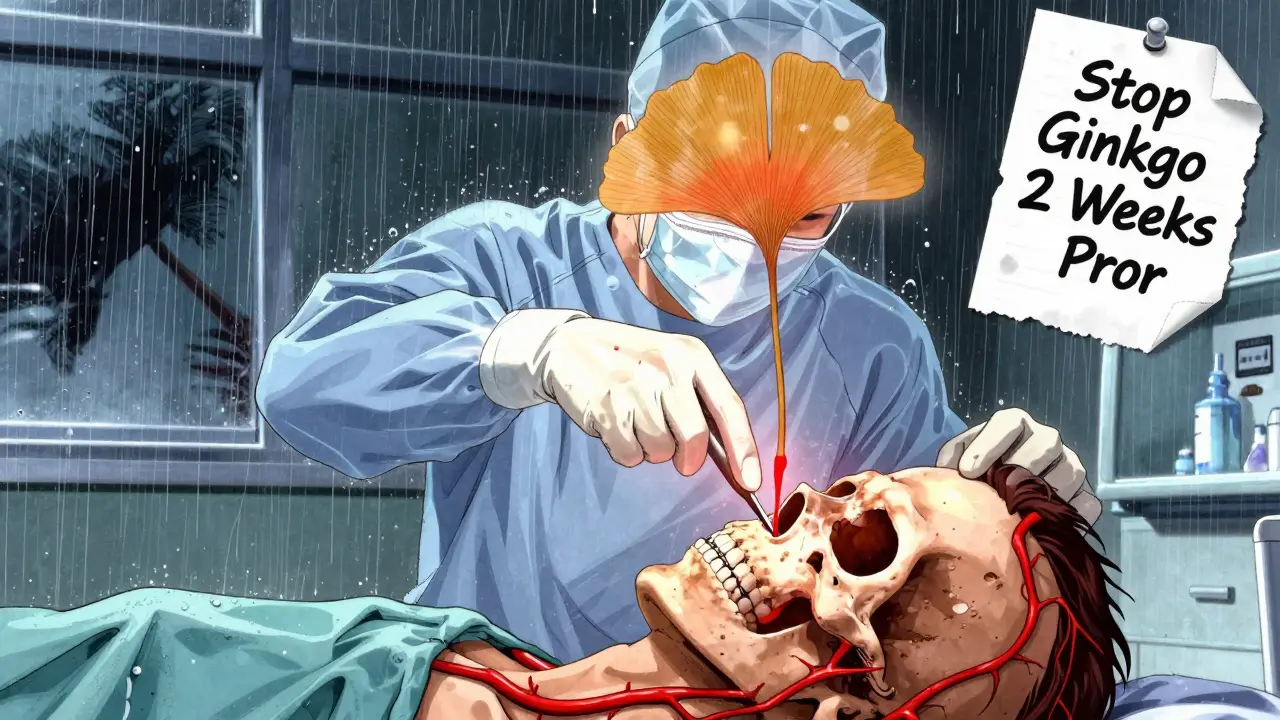 Surgeon pausing operation as ghostly ginkgo leaf hovers over patient's skull with glowing blood vessels.