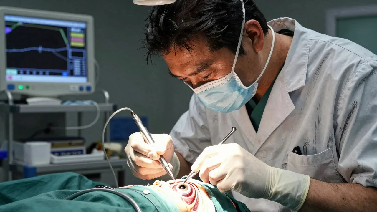 Surgeon performing eye muscle adjustment surgery in dramatic lighting