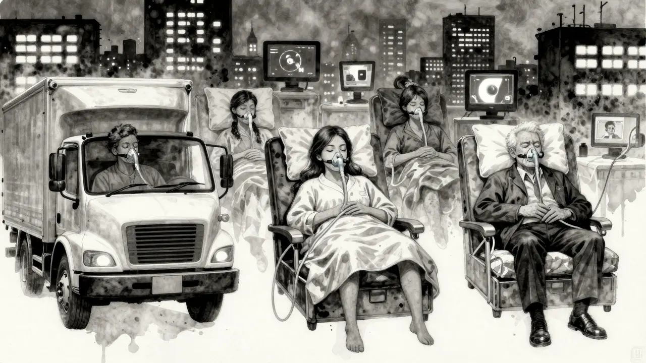 Three people sleeping with CPAP devices above them, cityscape behind, rendered in gritty monochrome anime style.