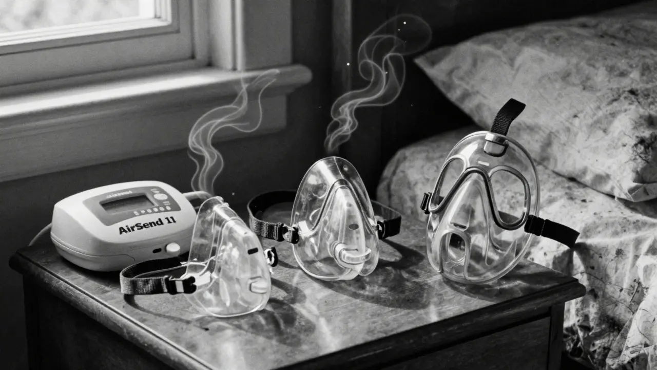 Three types of CPAP masks on a nightstand with a machine, lit by soft moonlight and textured shadows.