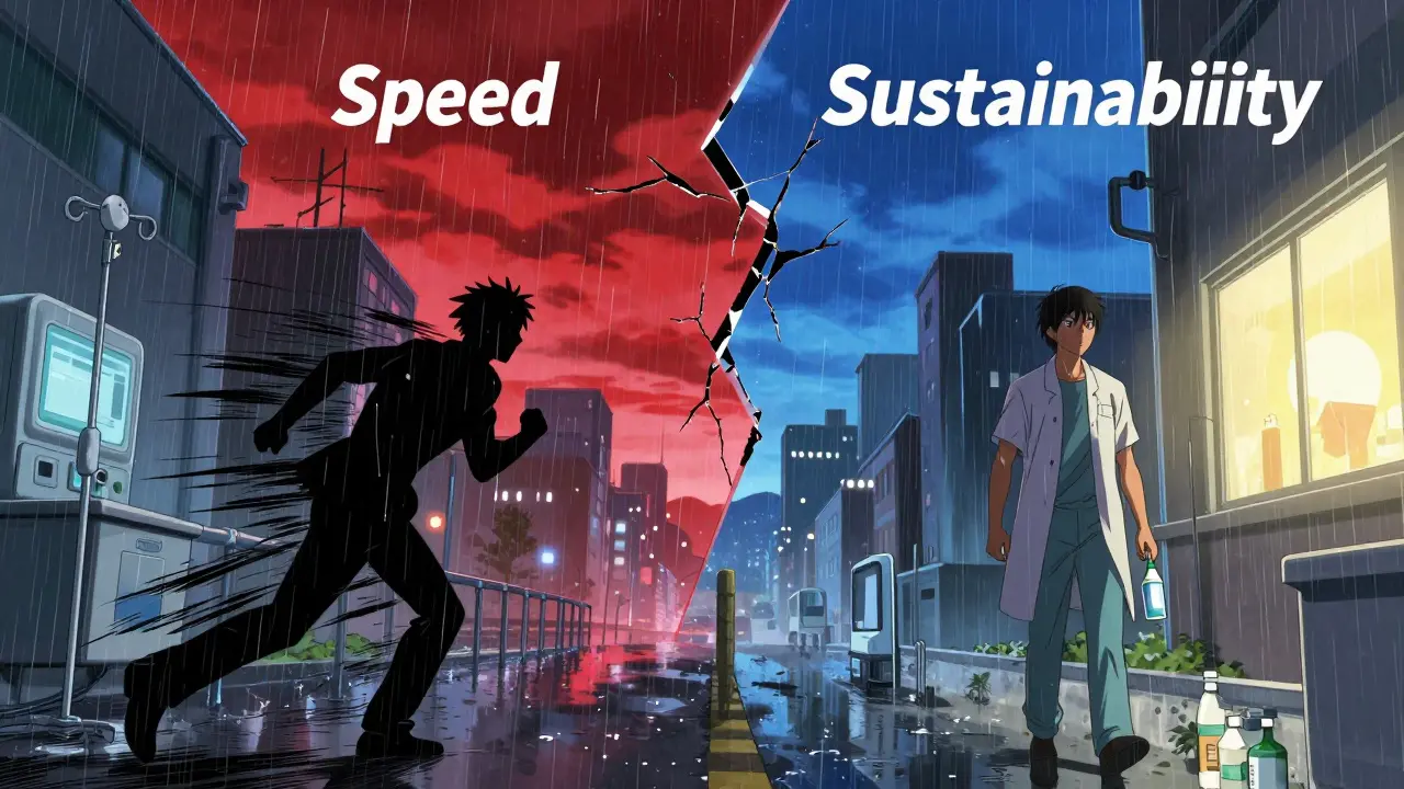 Two contrasting paths in a rainy city: one leading to urgent IV treatment, the other to calm nasal spray therapy.