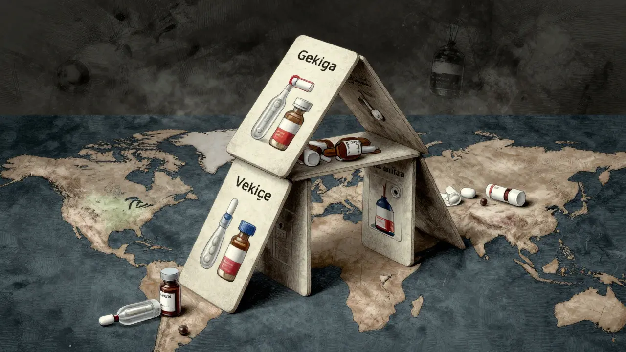 A fragile house of cards made of medical supplies collapsing over a world map.