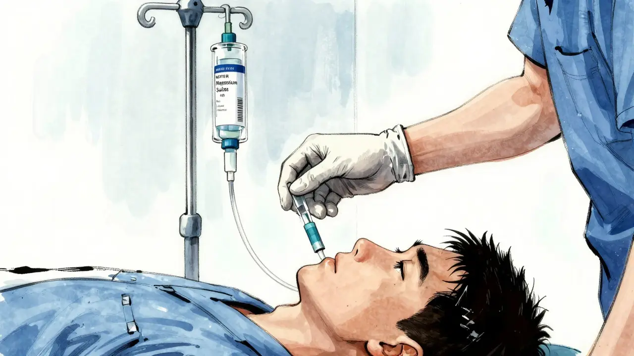 A medical professional administering an IV of Magnesium Sulfate during a cardiac emergency.