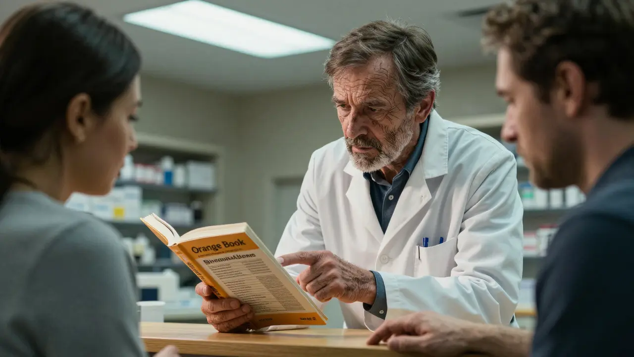 A pharmacist explaining medication equivalence to a patient using a reference book.