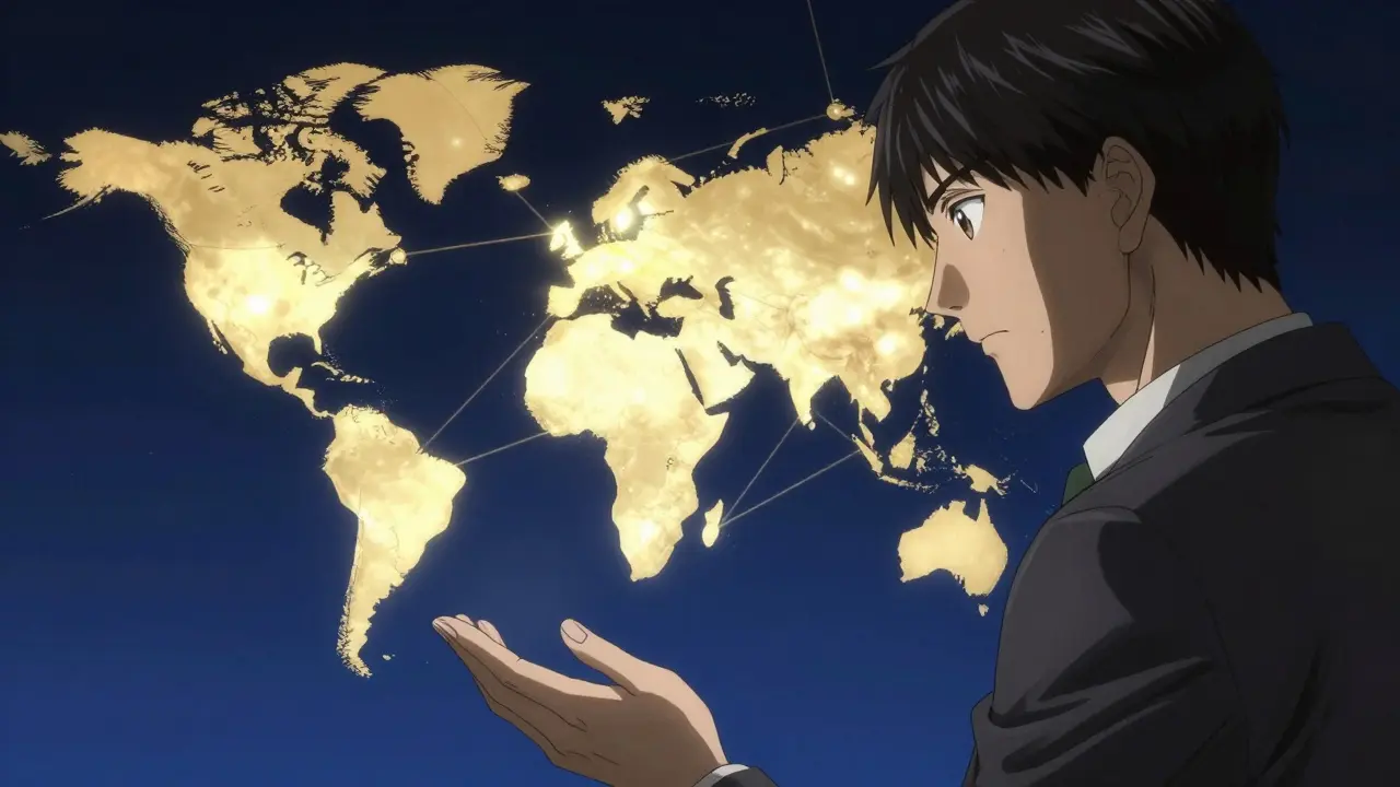 A professional analyzing a global network map symbolizing international drug safety standards.