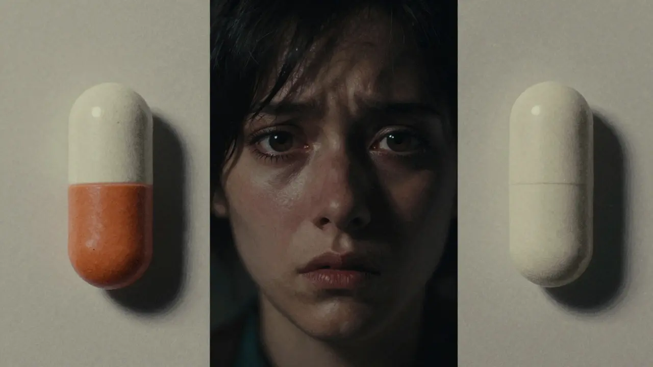A split view of two different pills and an anxious person reflecting medication fear.
