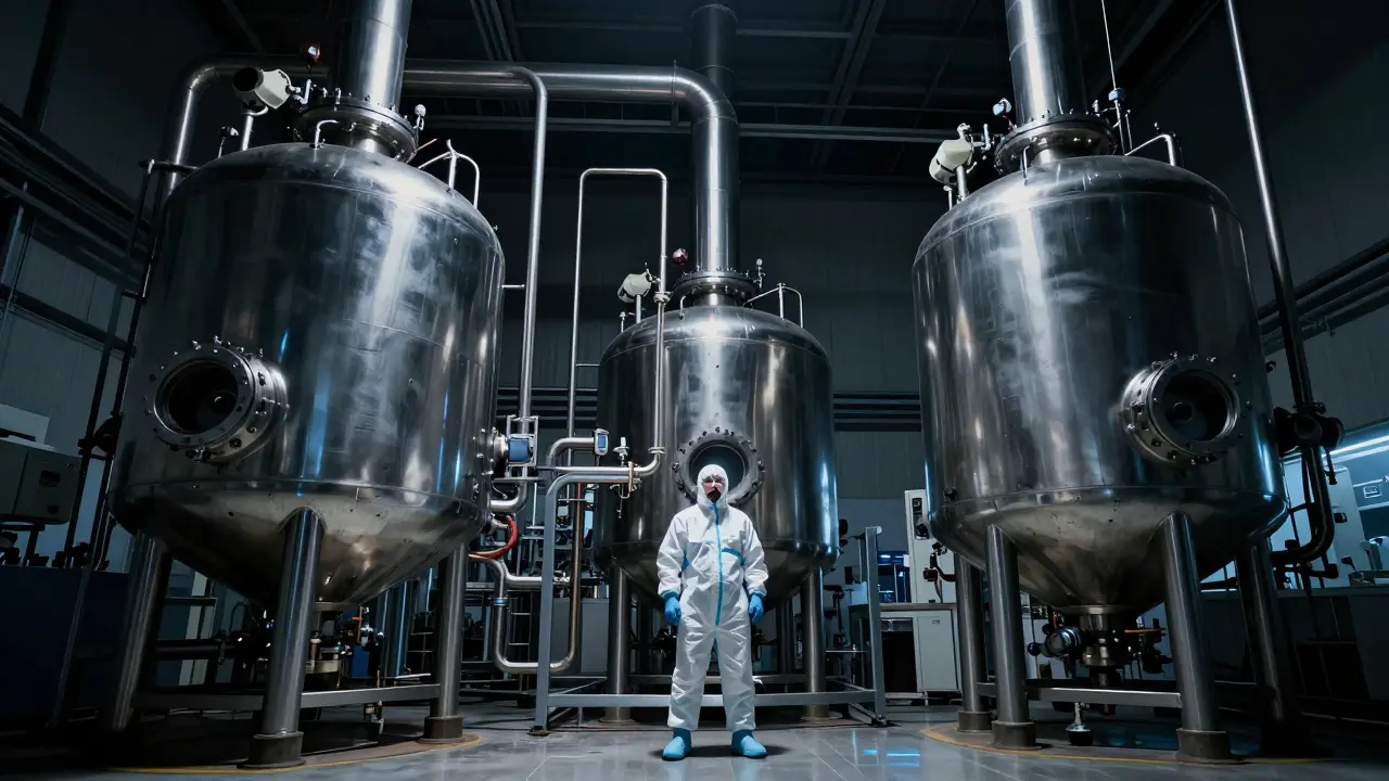A sterile industrial vaccine factory with massive bioreactors and a technician in a suit.
