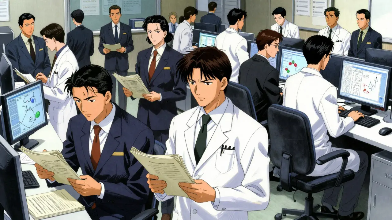 Busy FDA professionals reviewing documents and data in a high-pressure office environment.