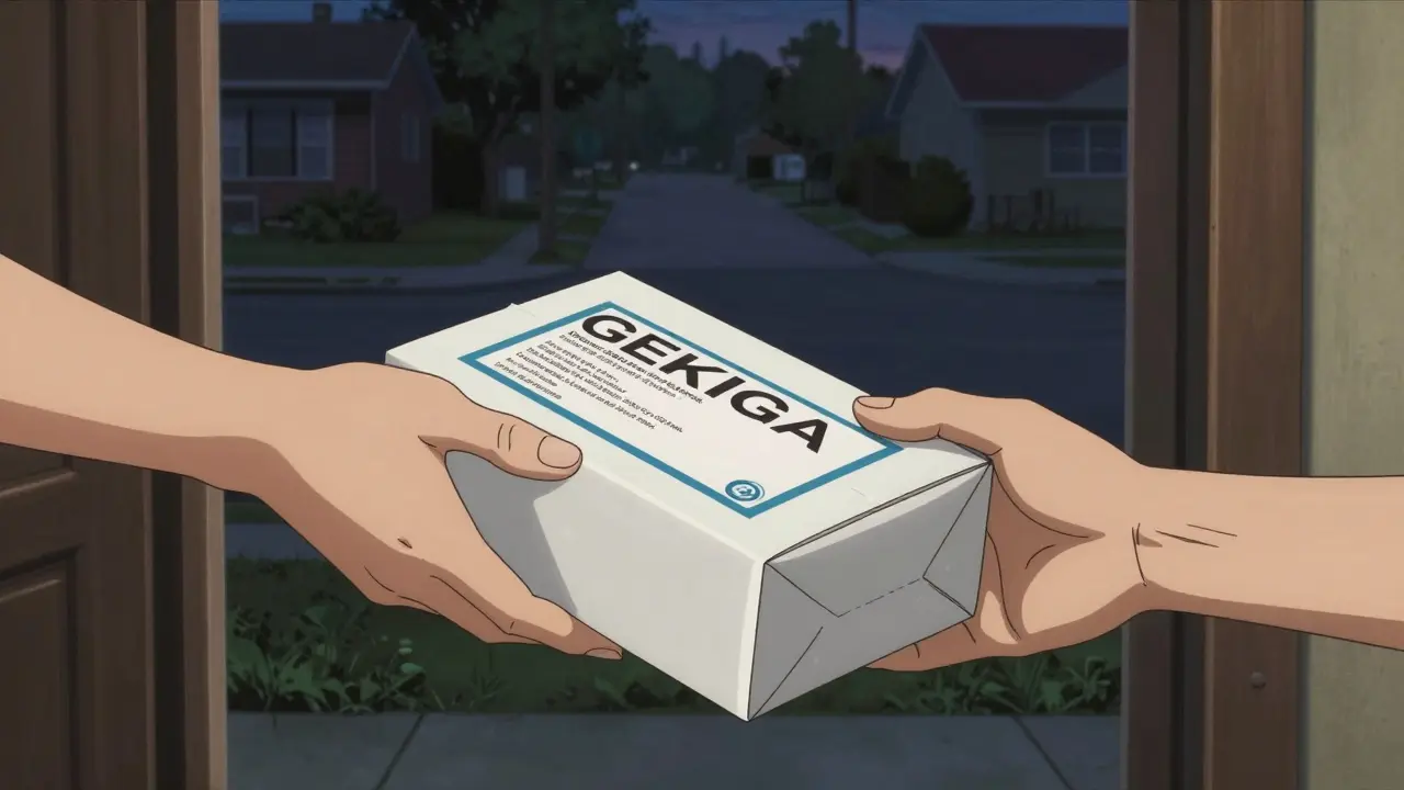 Close-up of a hand receiving a legal pharmacy medication delivery at a door