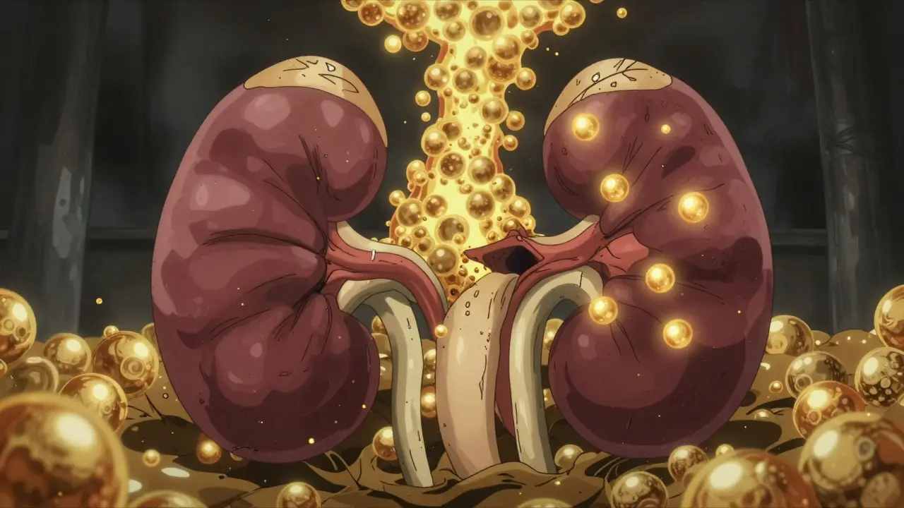 Conceptual Gekiga art showing potassium buildup in the kidneys due to medication.