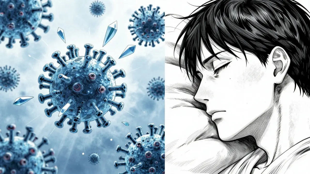 Detailed Gekiga art showing antiviral medication suppressing virus particles and a patient's profile.
