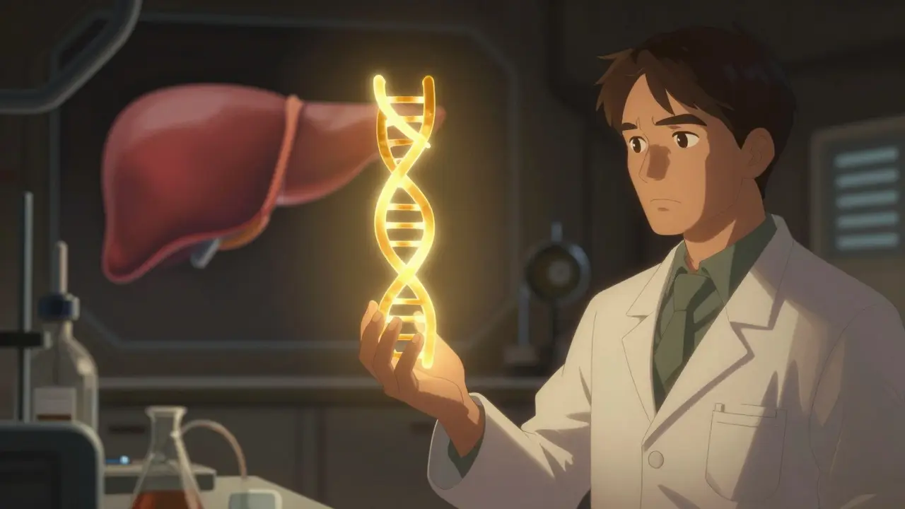 Scientist holding a glowing DNA strand in a dark lab, symbolizing research for a Hepatitis B cure.