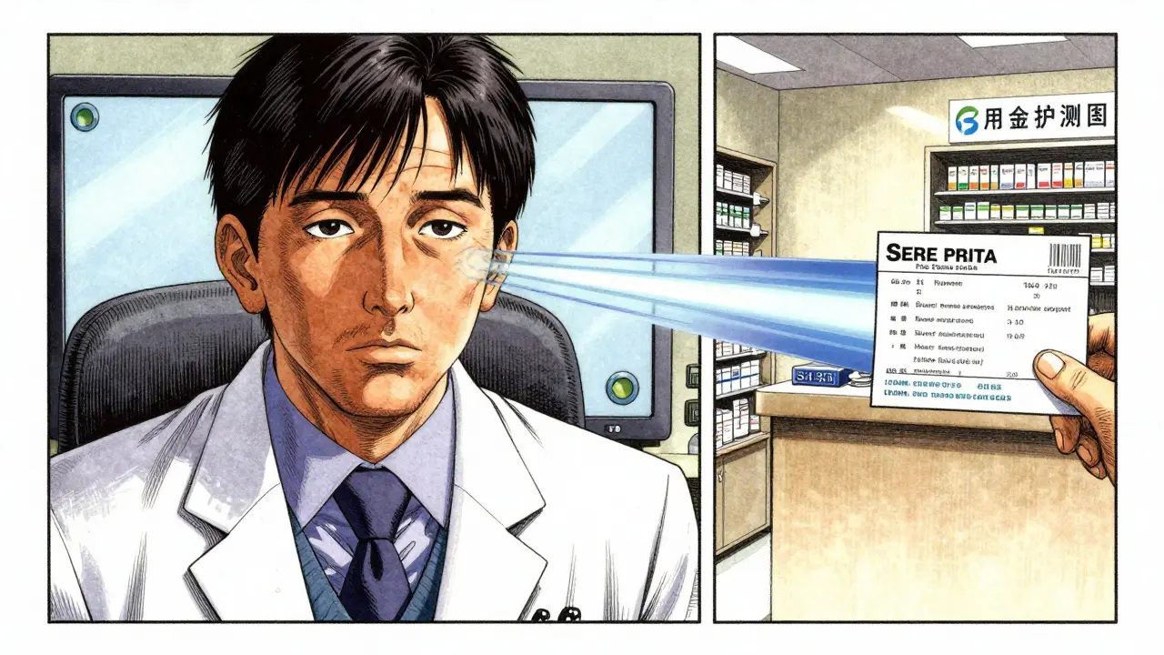 Split screen showing a doctor's video call and a digital prescription transfer