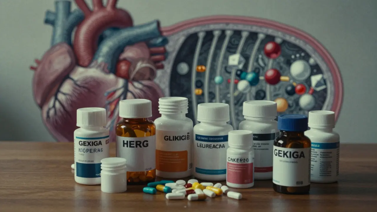 Various medication pills and a stylized depiction of a blocked hERG channel in heart cells.